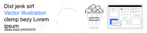 Entertainment, web design, UI concepts, digital media, online interaction, communication. Popcorn icon next to a web interface mockup with a dashed path. Entertainment and web design concept