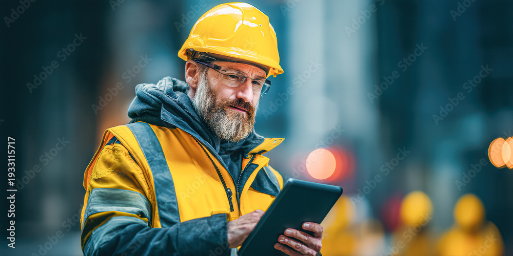 Obraz premium A construction worker wearing safety gear uses a tablet on-site, blending technology with manual labor in an industrial environment.