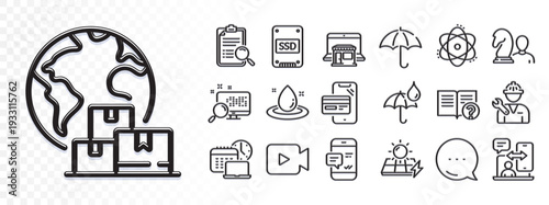 Waterproof umbrella, Repairman and Marketplace line icons for web app. Glare of light effect. Message icon. Pack of Umbrella, Smartphone notification, Work time pictogram icons. Vector