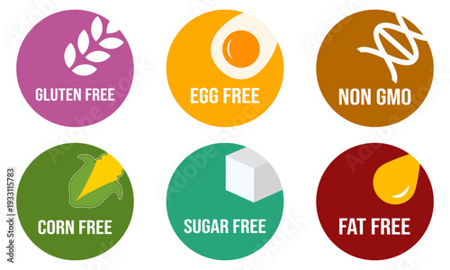Food label badges set egg free sugar free gluten free icons vector pack