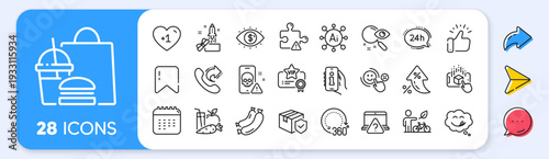 Eco bike, 360 degrees and Sausage line icons. Interest rate, AI generate, Inflation icons. Pack of Share call, Fast food, Calendar icon. Yummy smile, Online question, Vip certificate pictogram. Vector