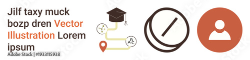 Education, career guidance, e-learning, certification, academic success, personal growth. A graduation cap, certificate on a map and a profile icon. Education and academic success concept