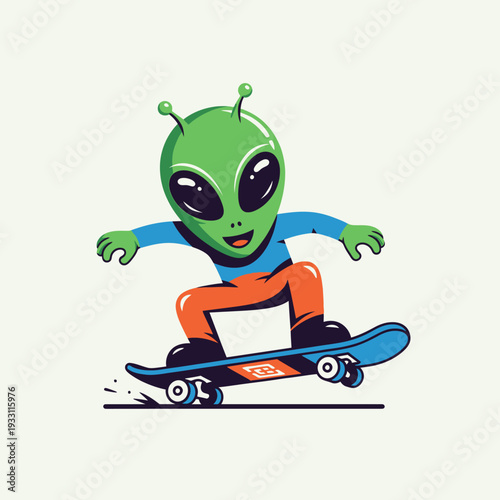 Green alien riding a skateboard, cartoon style, fun and playful