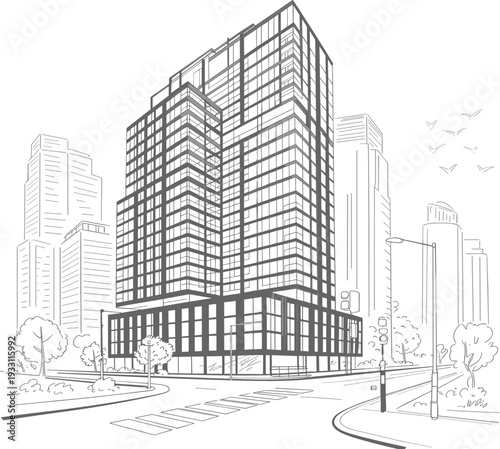 Modern city apartment building exterior outline vector illustration for real estate, architectural design and urban planning