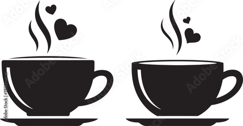 Two cups of hot coffee or tea with steam and hearts, romantic beverage symbol, love for coffee or morning ritual concept, cafe and cozy icon