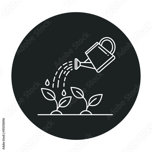 Watering can pouring water onto small green sprouts in minimalist icon style with black background