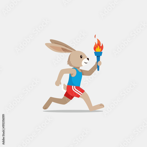 Cartoon rabbit athlete running with Olympic torch, sports and competition concept