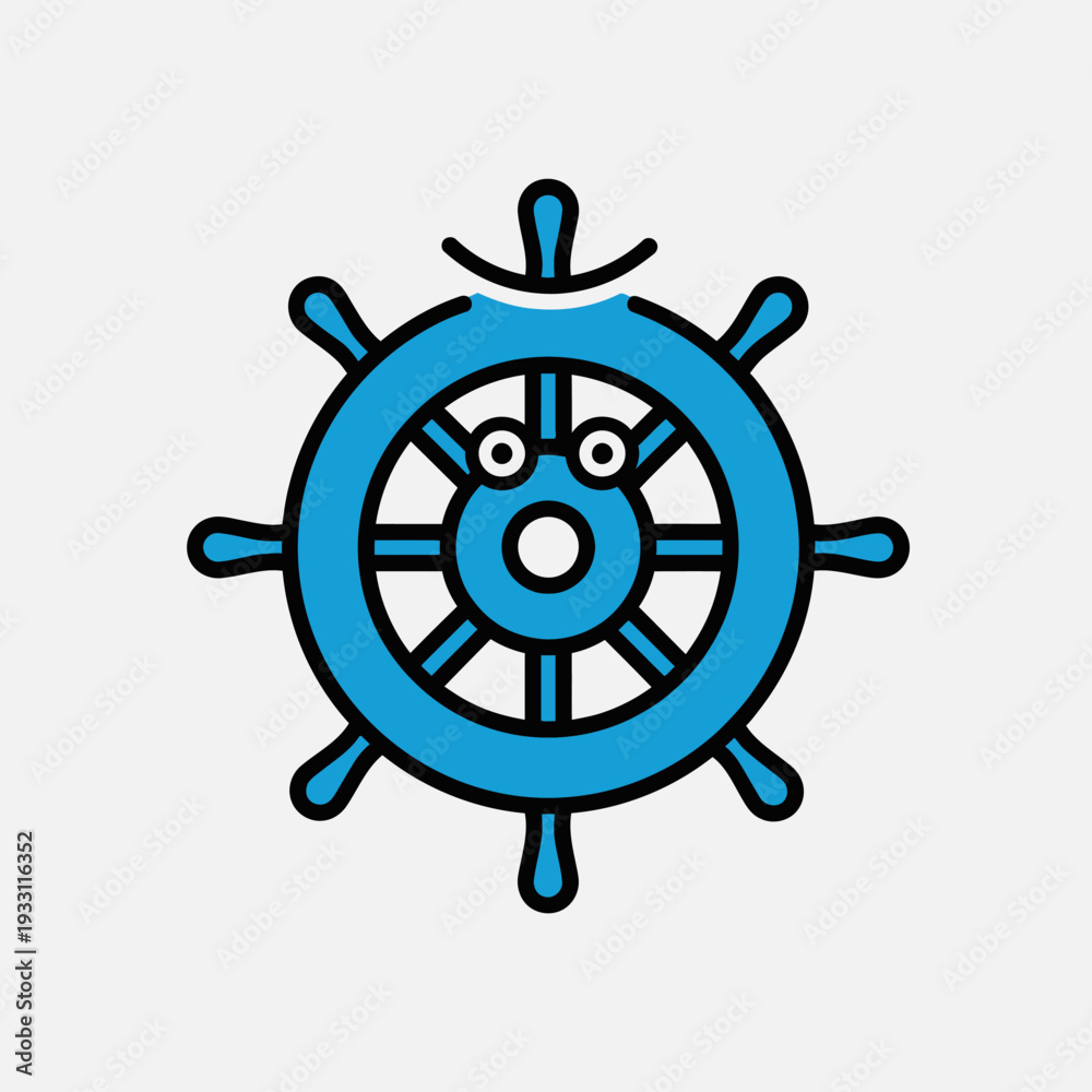 Obraz premium Cute cartoon blue ship's wheel with funny face, isolated on white background