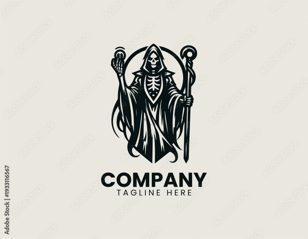 Obraz premium Stylized skeletal female figure with robe holding rifle and staff is presented as bold monochrome vector logo on clean white background for edgy gaming and apparel branding
