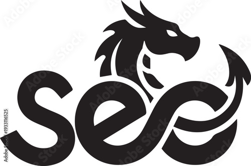 SEO Text Logo with Dragon Silhouette – Search Engine Optimization Mascot Vector Illustration