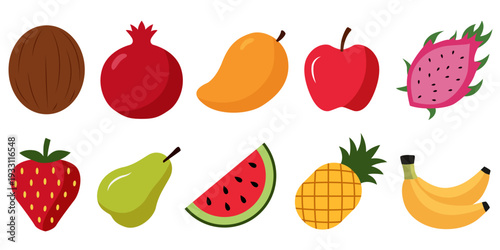 Tropical fruit flat icons bundle, colorful juicy collection, healthy food vector