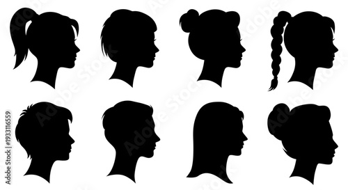 Male and female head profile silhouette avatar collection set