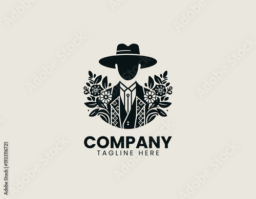 Stylized faceless person holding flower bouquets is presented as clean monochrome vector logo on white background
