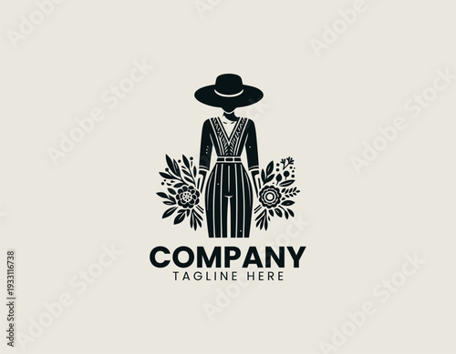 Stylized faceless person holding flower bouquets is presented as clean monochrome vector logo on white background