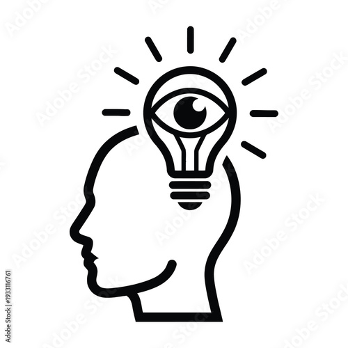 Creative human silhouette profile radiates innovative brilliance with glowing lightbulb replacing head symbolizing genius and breakthrough ideas in modern design