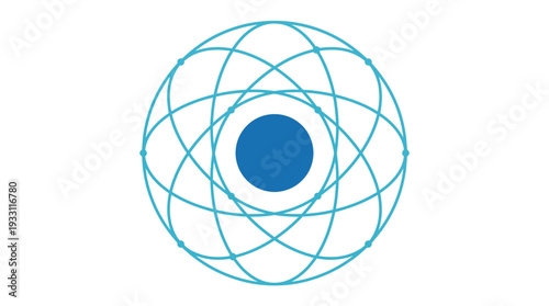 Abstract geometric atomic symbol with orbital paths and central nucleus, representing science and technology concepts