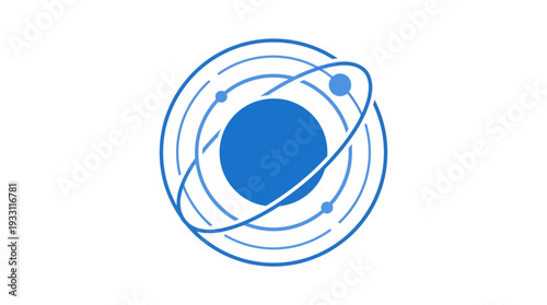 Abstract blue icon visually representing interconnected elements and systems, suitable for depicting scientific principles, technological networks, or the elegant mechanics of orbital motion