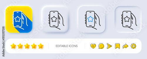 Favorite app line icon. Neumorphic, Flat shadow, 3d buttons. Hand hold phone sign. Cellphone with screen notification symbol. Line favorite app icon. Social media icons. Vector