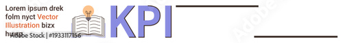 Business management, target evaluation, education, data analysis, knowledge sharing, strategic planning. Lightbulb over an open book with KPI acronym. Business metrics and education theme