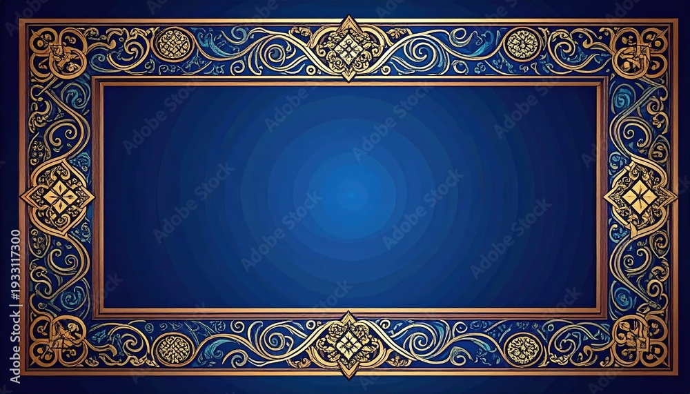 Obraz premium Ornate gold and blue rectangular frame with scrollwork and geometric patterns, dark blue center