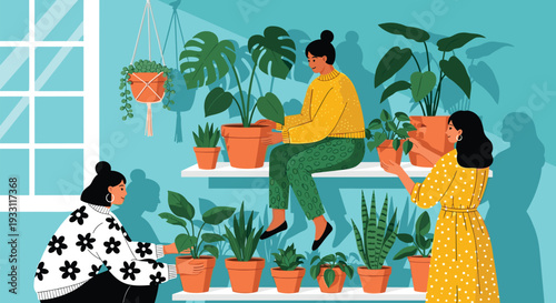 Women caring for indoor plants home gardening lifestyle botanical flat vector illustration