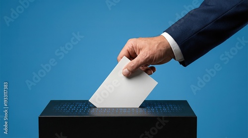 Male hand in suit inserting ballot paper into digital voting box with binary code
