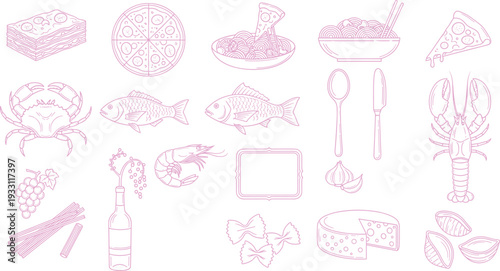 Seafood and Italian Cuisine Line Art Collection Featuring Fish Lobster Crab Pasta Pizza Wine Cheese and Gourmet Ingredients in Elegant Monoline Pink Vector Illustration Set