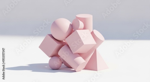 Pink geometric shapes, including spheres, cubes, cylinders, and pyramids, arranged on white
