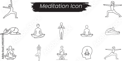 Meditation and yoga line art icon set for wellness, mindfulness, and relaxation symbols