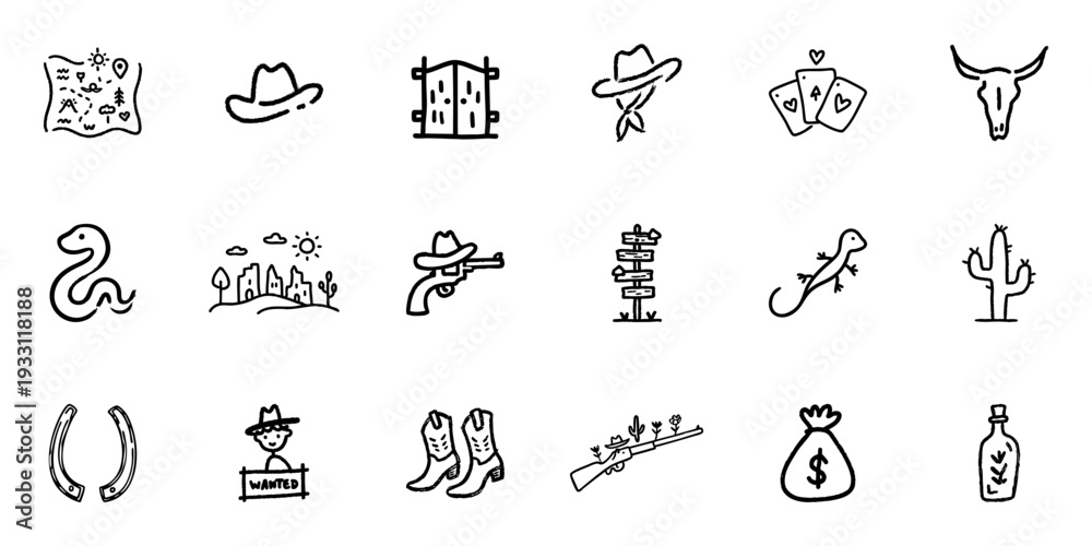 Fototapeta premium Wild West Themed Line Icon Set In Doodle Style. Cowboy Culture, Adventure, And Frontier Life Outline Sketch Collection. Western Symbols And Imagery. Hand Drawn Isolated Vector Illustration