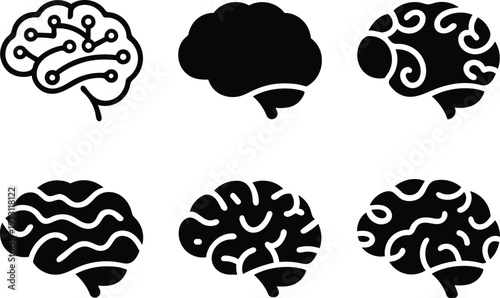 Collection of diverse brain outline icons representing science and technology concepts for intelligence and cognition