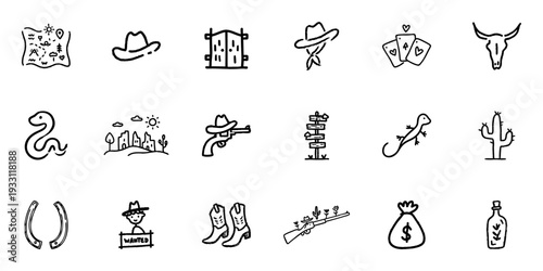 Wild West Themed Line Icon Set In Doodle Style. Cowboy Culture, Adventure, And Frontier Life Outline Sketch Collection. Western Symbols And Imagery. Hand Drawn Isolated Vector Illustration