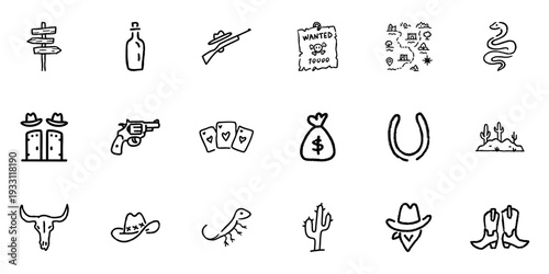 Wild West Icon Set In Doodle Style. Cowboy Culture, Adventure, And Frontier Life Outline Sketch Collection. Western Symbols And Themes. Hand Drawn Isolated Vector Illustration