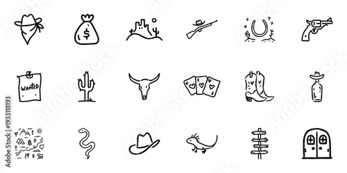 Wild West Icon Set In Doodle Style. Cowboy Culture, Frontier Life, And Western Adventure Outline Sketch Collection. Hand Drawn Isolated Vector Illustration