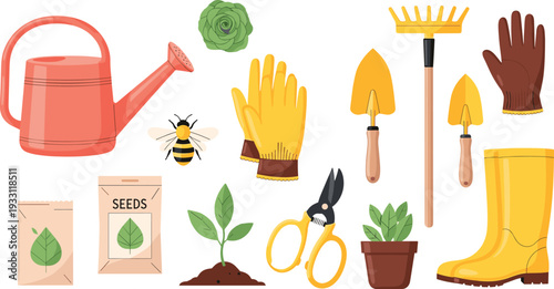 Gardening tools and equipment collection watering can gloves boots plants vector illustration set