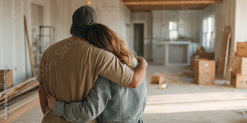 A couple embraces while looking at an empty, unfinished home interior with construction materials and moving boxes around.