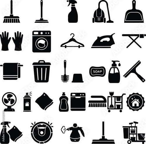 Cleaning tools silhouette icon vector  set illustration.