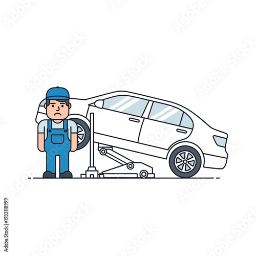 Sad mechanic with car on lift, auto repair, vehicle maintenance, workshop service