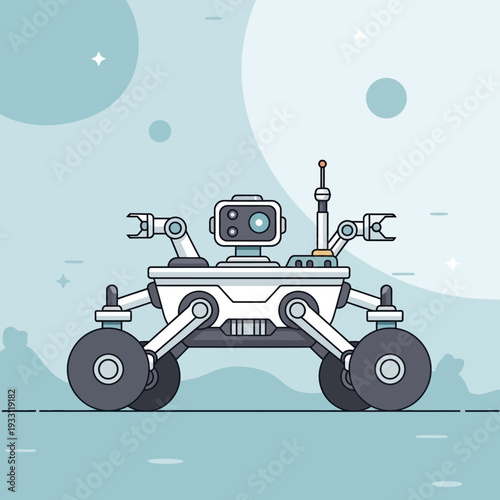 Space exploration rover exploring alien planet surface with stars and planets in background