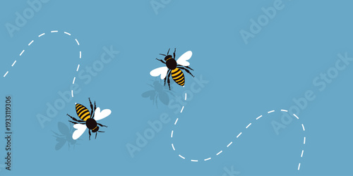 Flying bee background. Blue bee banner with track