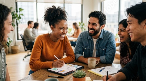 Diverse young professionals collaborating and laughing in a modern office showcasing successful teamwork and a positive work environment