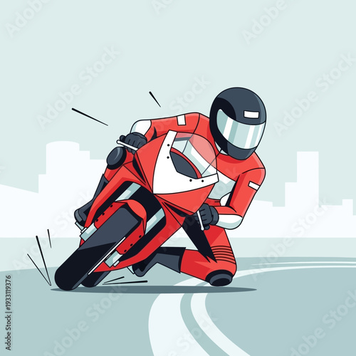 Motorcycle racer in red suit leaning into a sharp turn on a race track