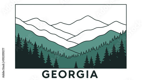 Georgia mountain landscape illustration with pine trees and hills