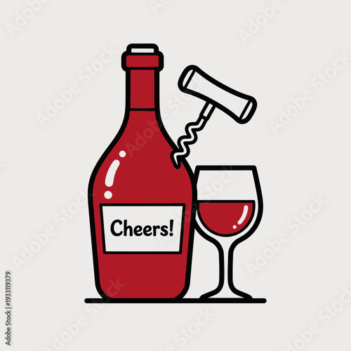 Red Wine Bottle with Corkscrew and Glass, Cheers Message