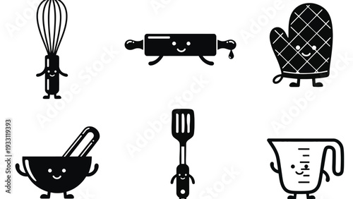 Kitchen utensil cartoon characters in black and white illustration style