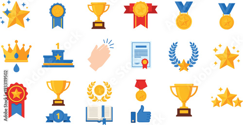 Achievement and Award Vector Icon Set Featuring Gold Trophies, Medals, Winner Podium, Crown, and Success Symbols Isolated on White Background