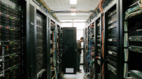 Wide shot of a technician performing maintenance in a high-tech server room, representing the structural backbone of global digital communication