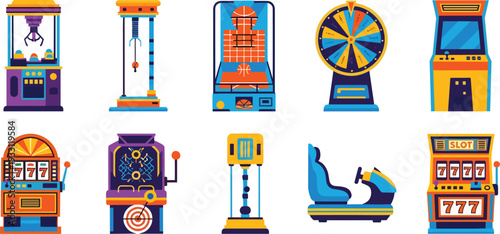 Arcade Game Machine Vector Set Featuring Classic Slot Machines, Claw Crane, Basketball Hoop, Racing Simulator, and Retro Gaming Consoles