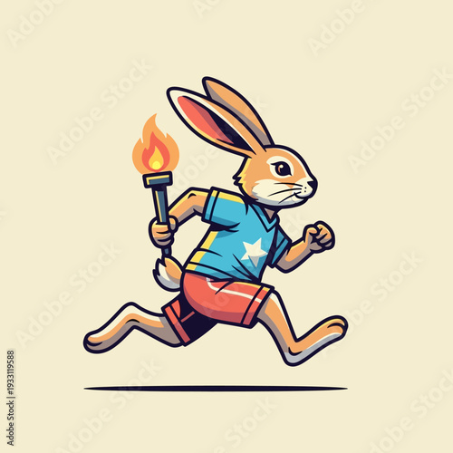 Running rabbit character holding a flaming torch, cartoon style