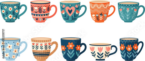 Beautiful Coffee Mug Vector Set Featuring Colorful Ceramic Cups with Floral Patterns, Hearts, and Cozy Hand Drawn Aesthetic Designs